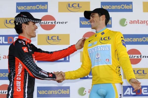 Luis Leon Sanchez congratulates Alberto Contador on his victory.