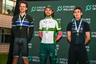 Ben Healy (EF Education-Easy Post) won the Irish TT title over George Peden (Team PB Performance - L) and Eddie Dunbar (Ineos Grenadiers - R)