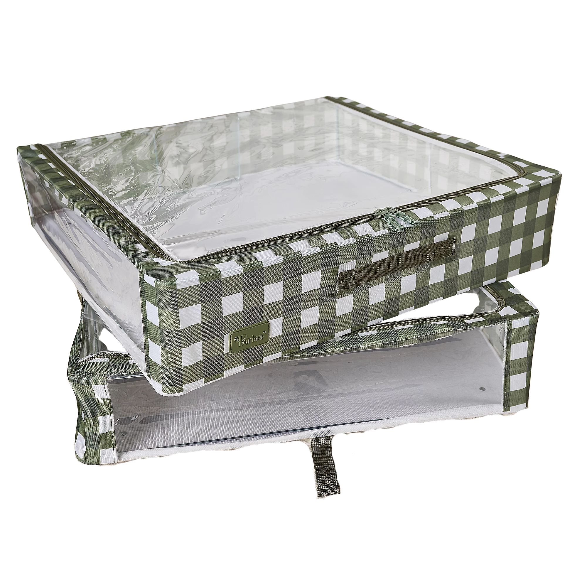 Green and white gingham Periea Set of 2 Large Slim Storage Boxes with Gliders