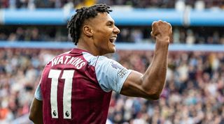 Ollie Watkins celebrates one of his three goals in Aston Villa's 5-1 win over Brighton in September 2023 Arsenal target.