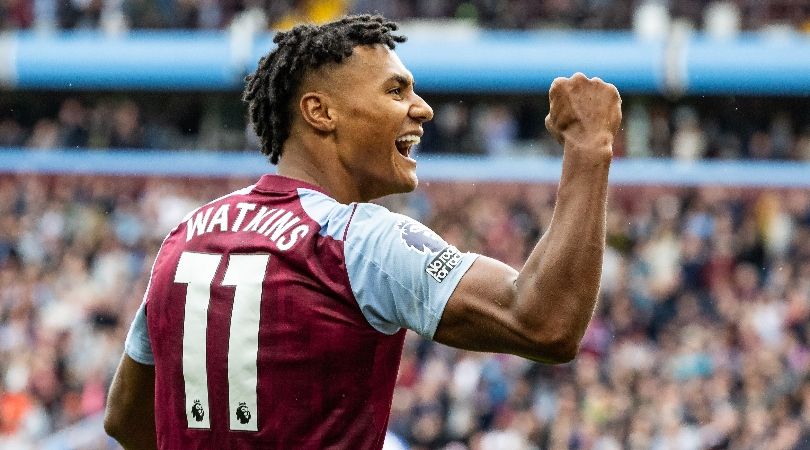 Ollie Watkins celebrates one of his three goals in Aston Villa&#039;s 6-1 win over Brighton in September 2023.