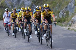 Tour de France 2020 107th Edition 15th stage Lyon Grand Colombier 1745 km 13092020 Wout Van Aert BEL Team Jumbo Visma George Bennett NZL Team Jumbo Visma Tom Dumoulin NED Team Jumbo Visma photo Luca BettiniBettiniPhoto2020