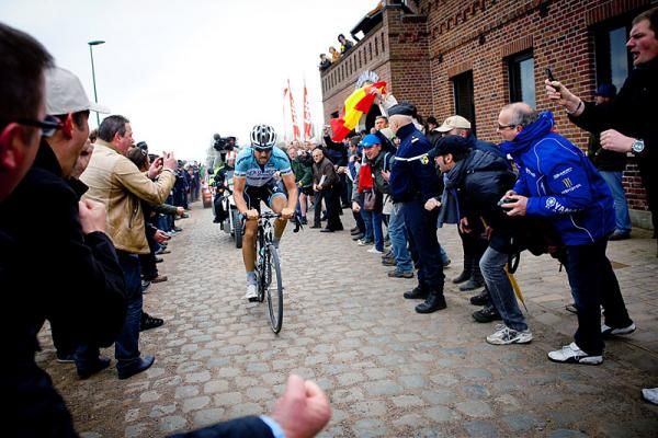 Tom Boonen all alone in the race lead at Paris-Roubaix.