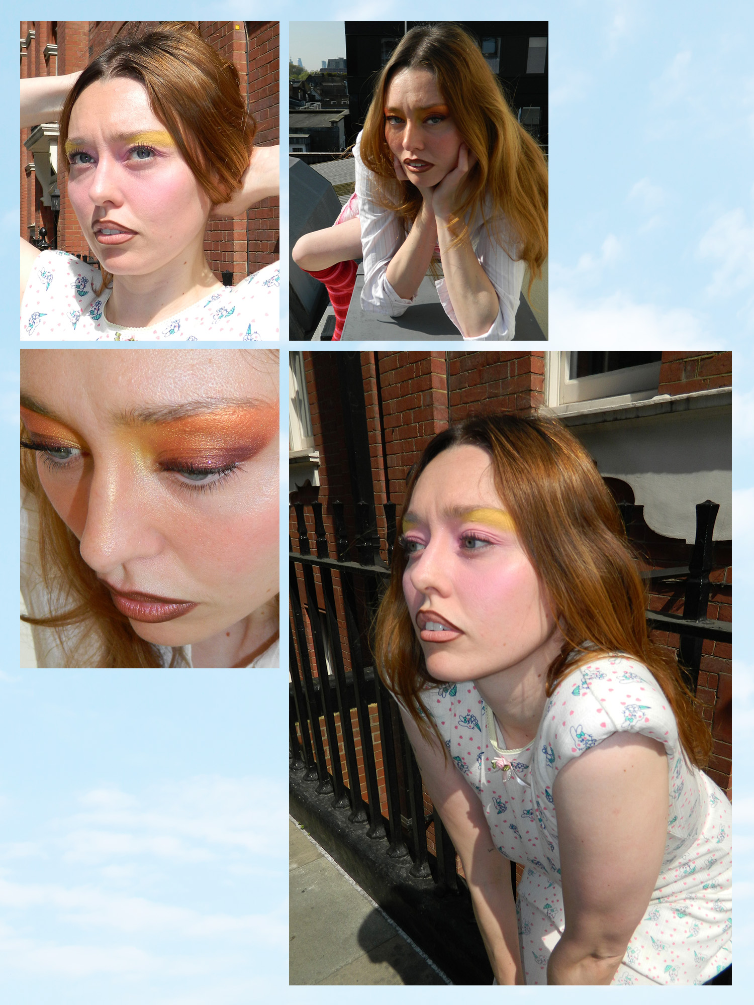 Emily Wood wearing a sunset-inspired matte eye with an Ashley Williams white two-piece.