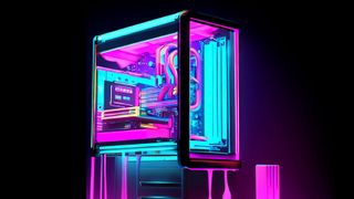 AI generated image of a gaming PC dripping in neon