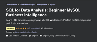 A screenshot of the Udemy website advertising the 'SQL for Data Analysis: Beginner MySQL Business Intelligence' course