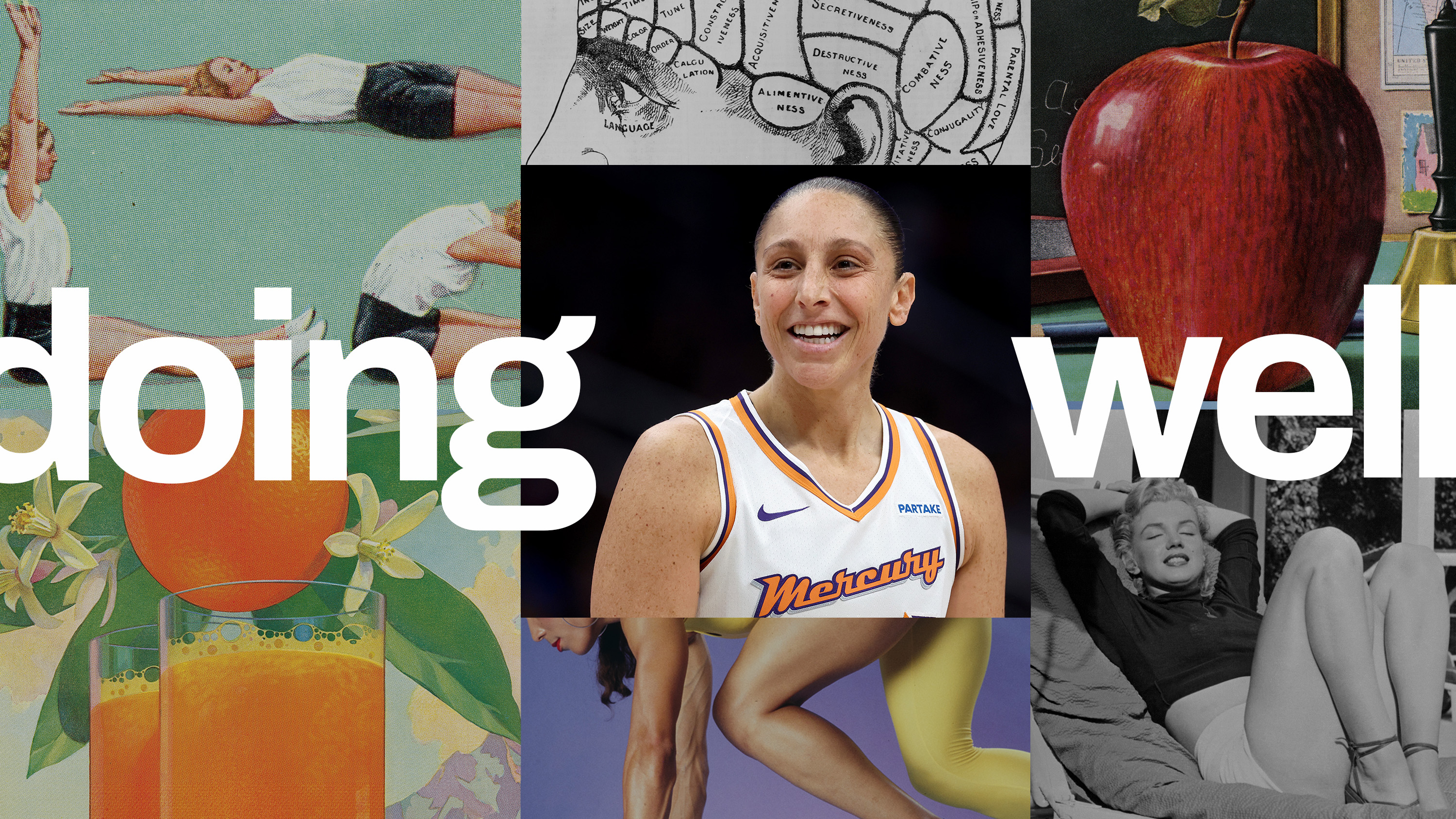 image of Diana Taurasi next to the words "Doing Well" and icons of orange juice, an apple, and women working out