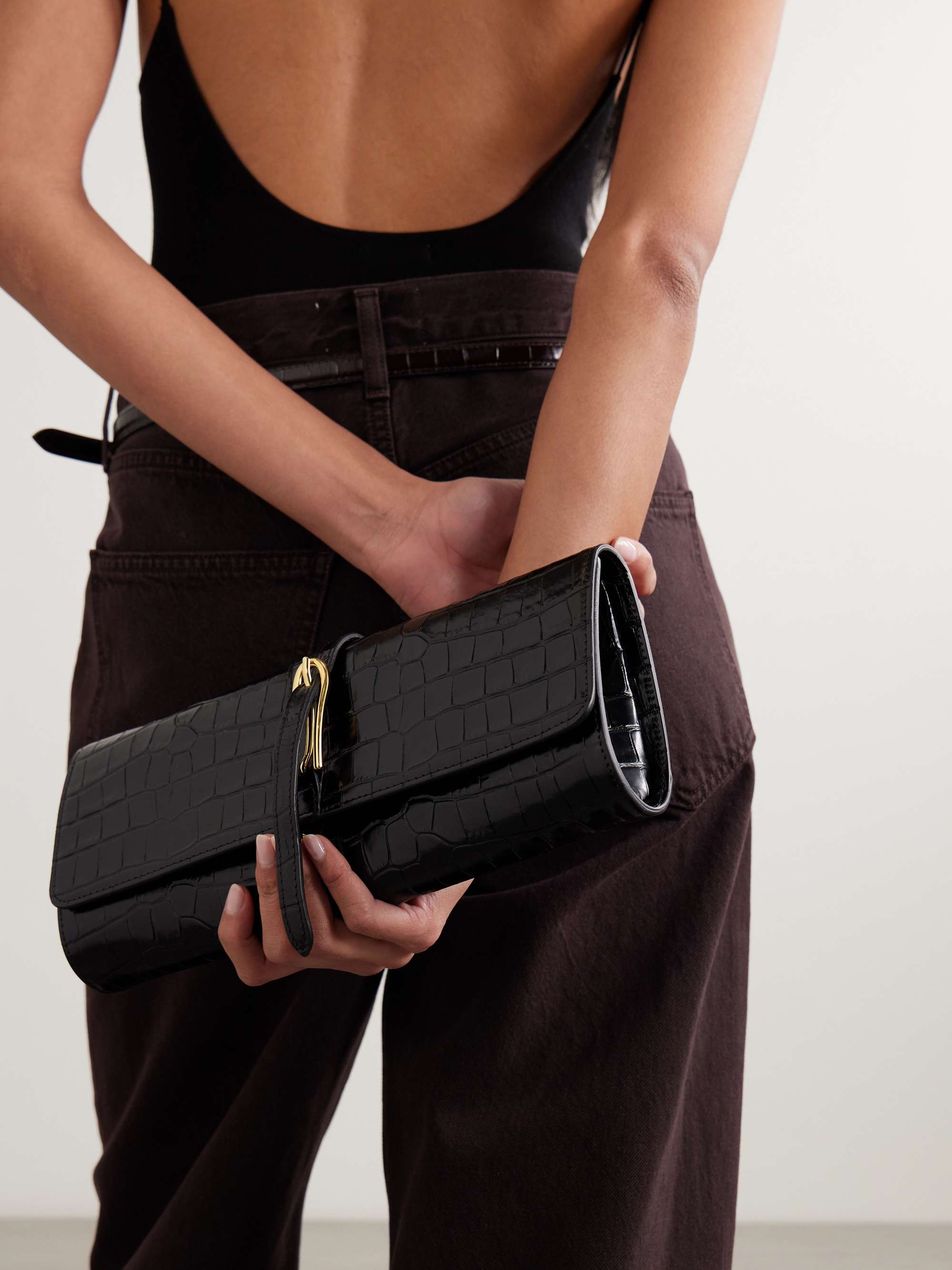 Belted Croc-Effect Leather Clutch
