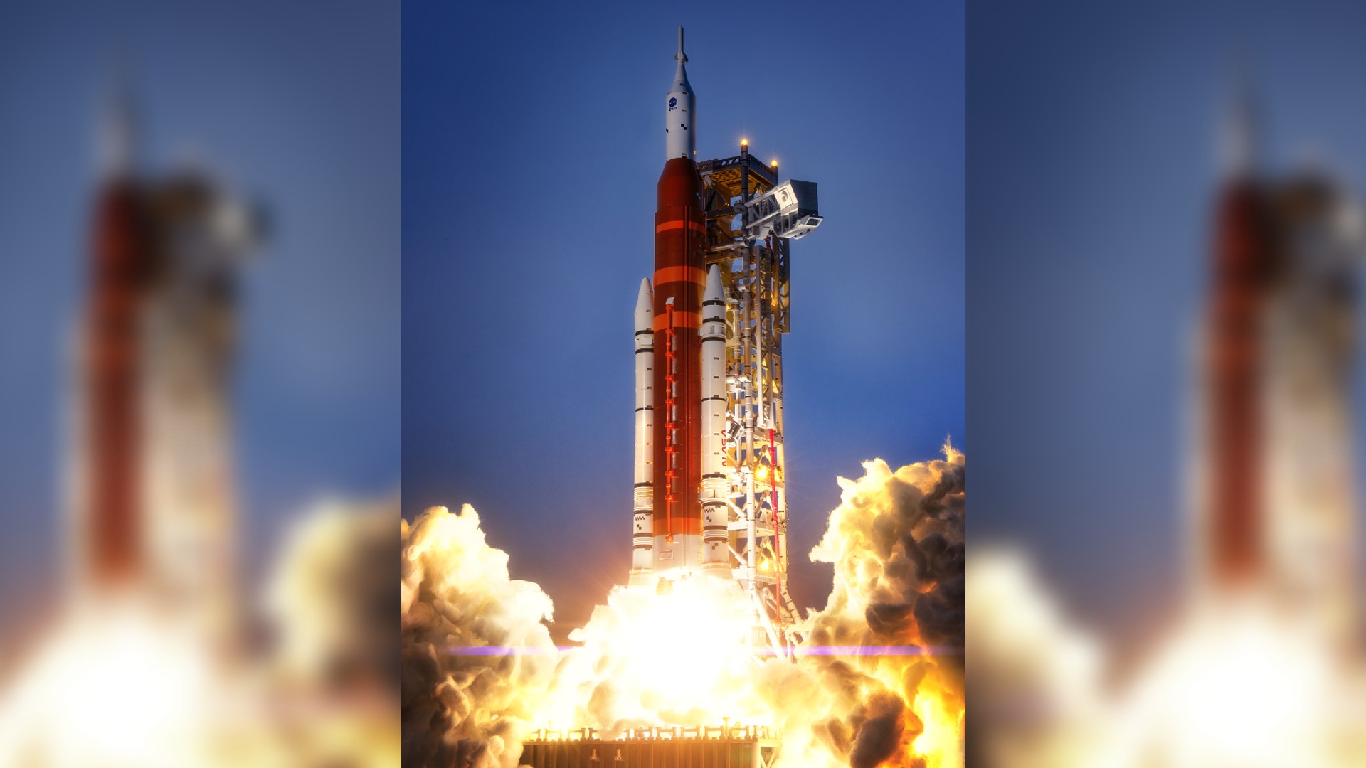 an orange rocket made of plastic bricks appears to be lifting off above a plume of smoke made from cotton balls