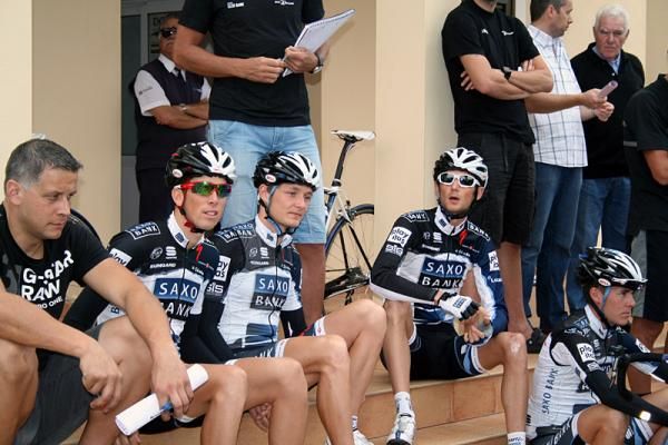 The riders wait for the late arrivals.