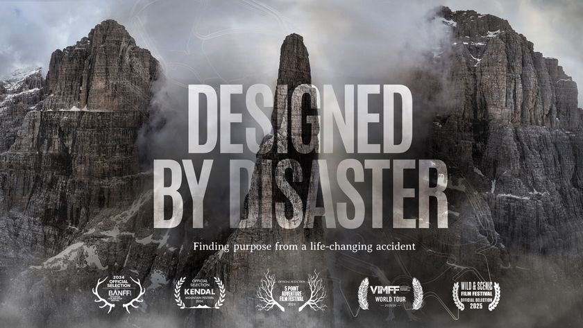 Poster for the film Designed by Disaster showing Campanile Basso in the Italian Dolomites