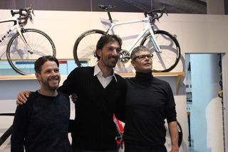 Fabian Cancellara with Cyclefit owners Julian Wall and Phil Cavell