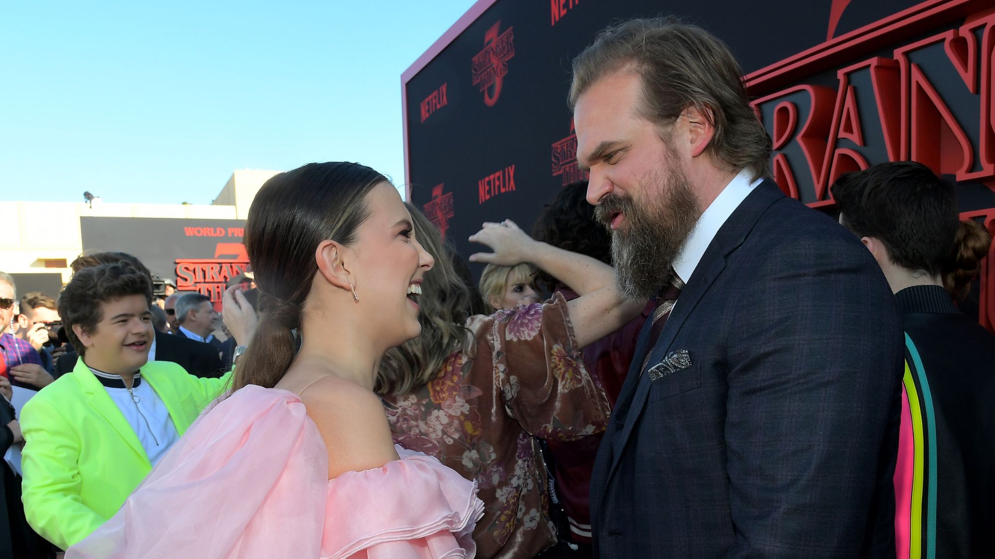 Millie Bobby Brown and David Harbour attend the Stranger Things season three world premiere
