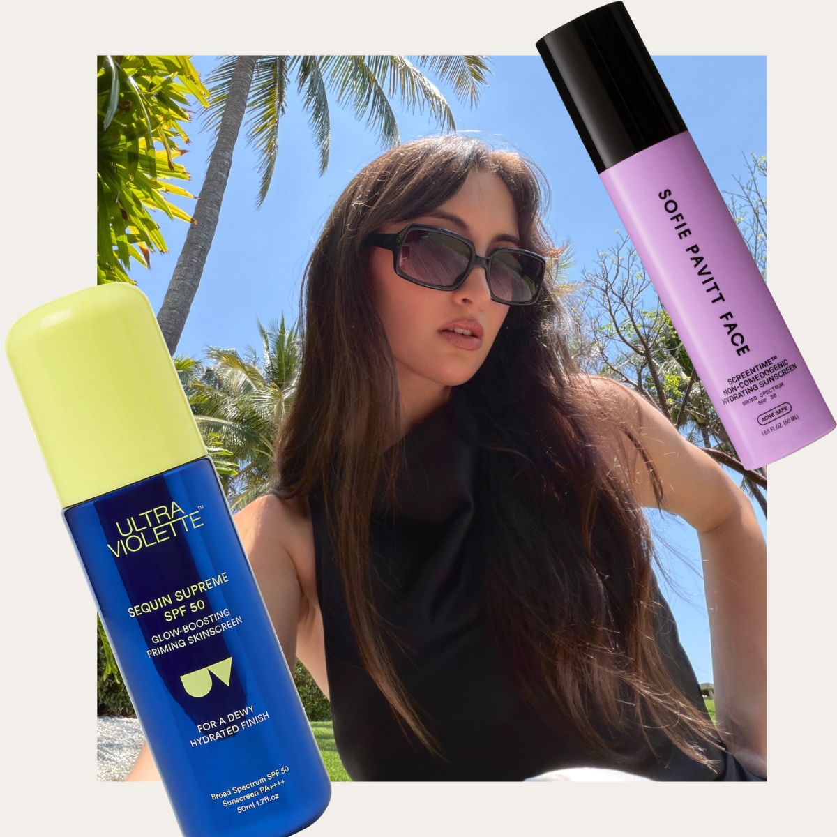Collage of and Who What Wear associate beauty editor Alyssa Brascia and creator Sami Mir&oacute; with face sunscreens for under makeup overlaid.