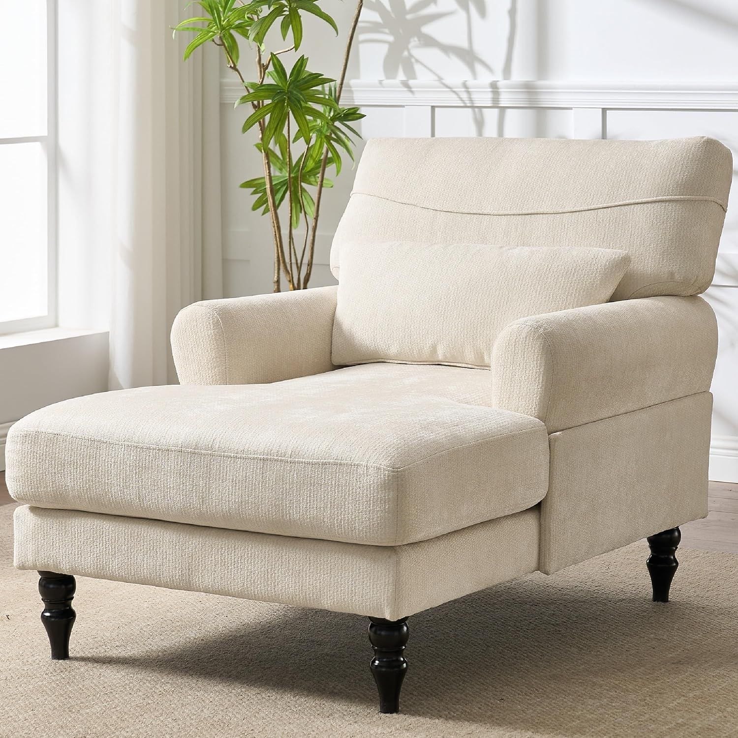 KEIKI, Keiki Chaise Lounge Chair Indoor, Modern Leisure Sleeper Sofa Chair W/double Deep Cushion, Accent Upholstered Reading Side Armchair, Recliner Arm Chairs for Living Room & Bedroom, Easy Assembly, White