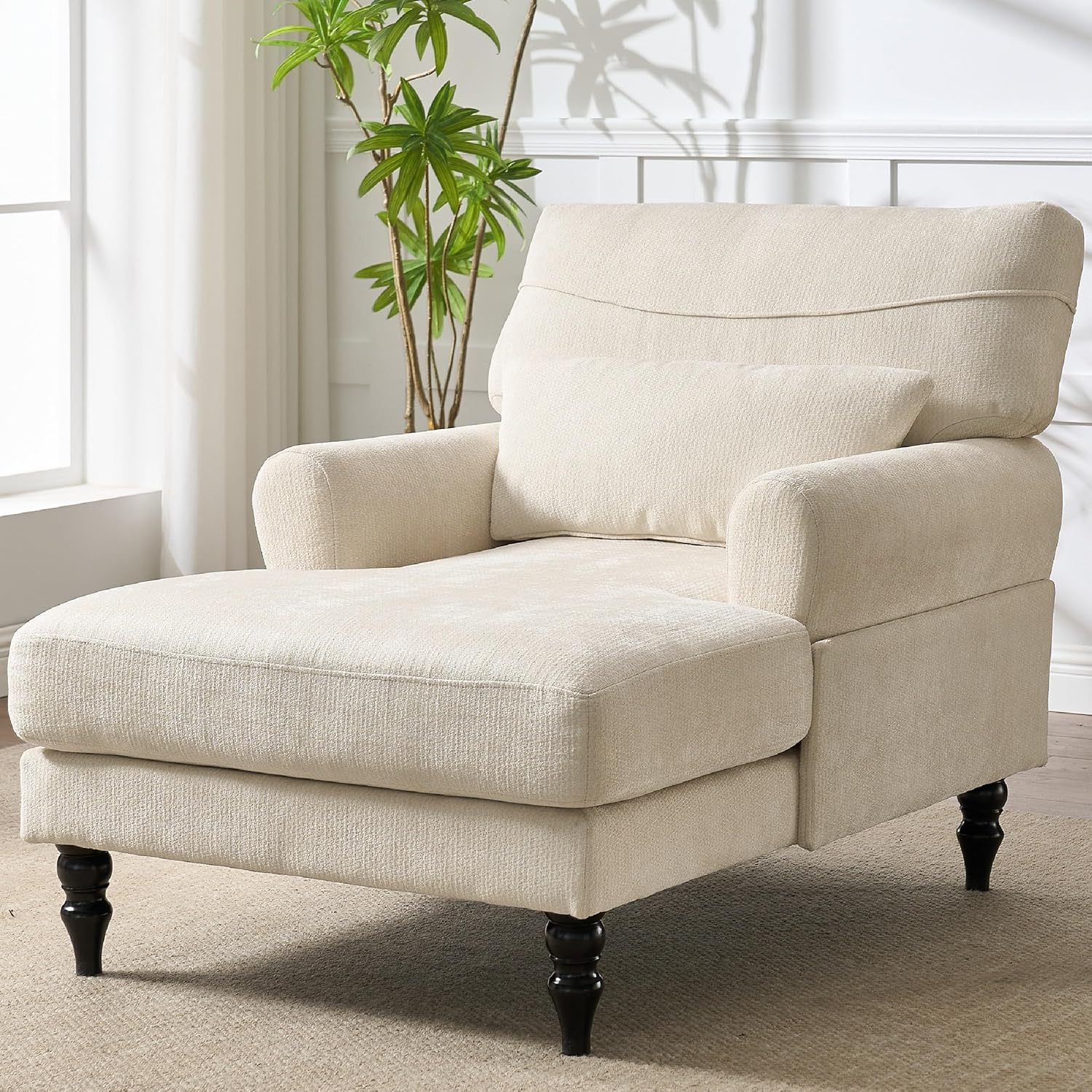 KEIKI, Keiki Chaise Lounge Chair Indoor, Modern Leisure Sleeper Sofa Chair W/double Deep Cushion, Accent Upholstered Reading Side Armchair, Recliner Arm Chairs for Living Room &amp; Bedroom, Easy Assembly, White