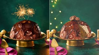 Chocolate, hazelnut and Irish cream liqueur bombe pudding on a dark green background with gold accessories