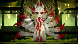 Nine-tailed fox sitting at a shrine 