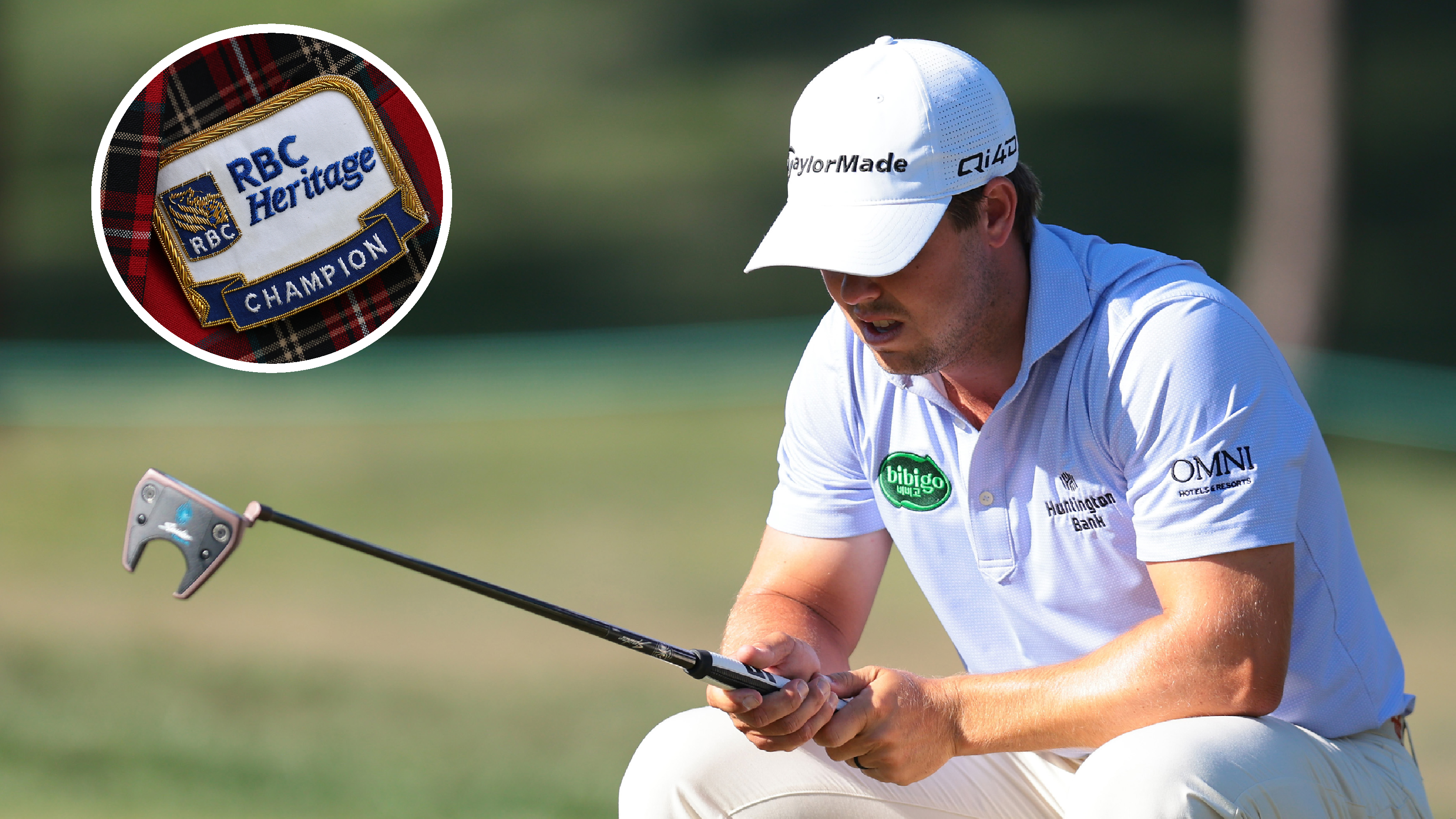 Pierceson Coody lines up a putt, with an RBC Heritage logo in the corner
