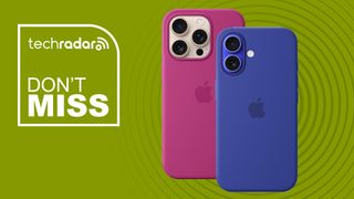 iPhone 16 Pro and iPhone 16 in Apple silicone cases with TechRadar &quot;Don&#039;t Miss&quot; deals text