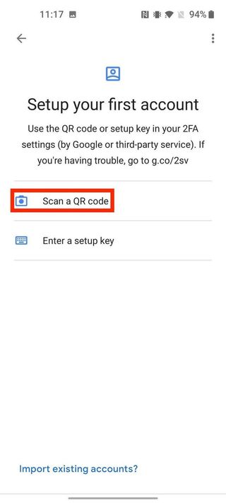 "Setup your first account: Scan a QR code" screen