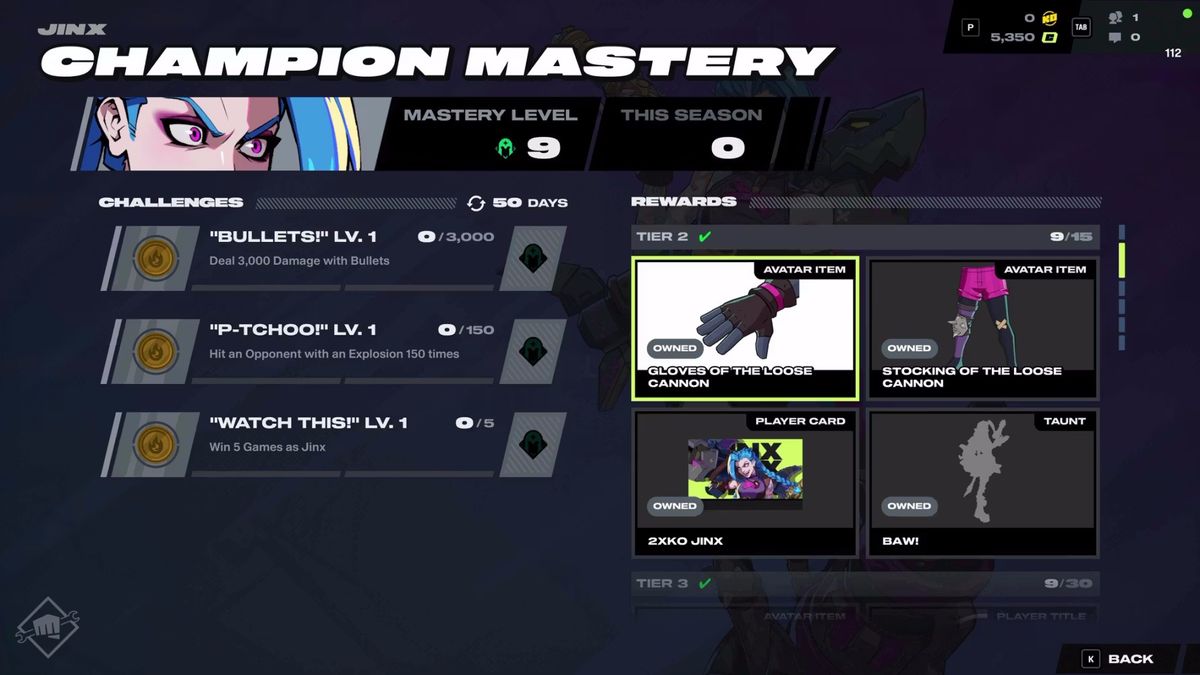 2XKO champion mastery menu for Jinx