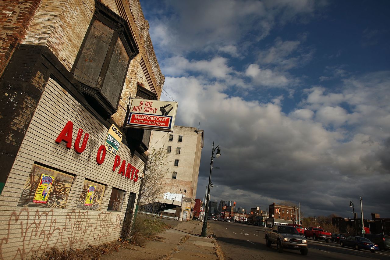 Shuttered businesses in downtown Detroit.