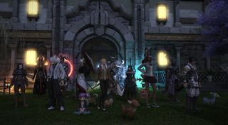 In-game screenshot of a player's Free Company in-front of their recently purchased house in Final Fantasy 14.