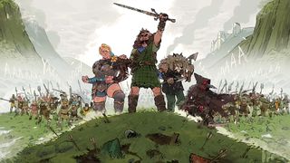 A fantasy illustration shows a diverse group of warriors leading a large army on a grassy hill, with a castle visible in the distant background.