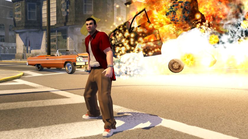 A man stands in front of an explosion in Saints Row 1.