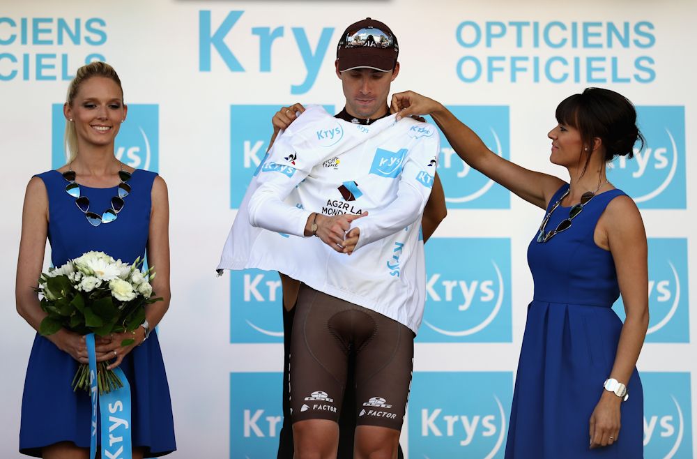 Pierre Latour of France and team AG2R La Mondiale celebrates in the white jersey following stage 3 of the 2017 Tour de France