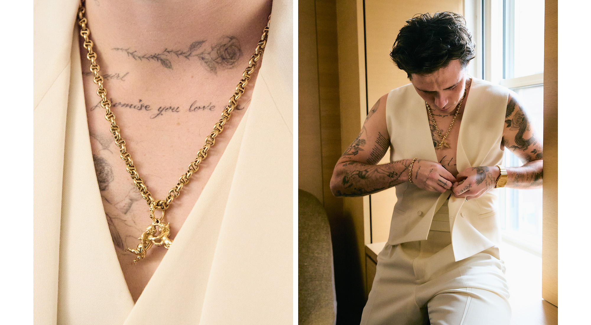 Left: Close-up of gold chain necklace and white Dior suit; Left: Brooklyn Peltz Beckham putting on white Dior suit.