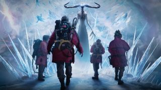 Suited up Ghostbusters approach a frozen Garraka in the key art for Ghostbusters: Frozen Empire's Halloween Horror Nights house.