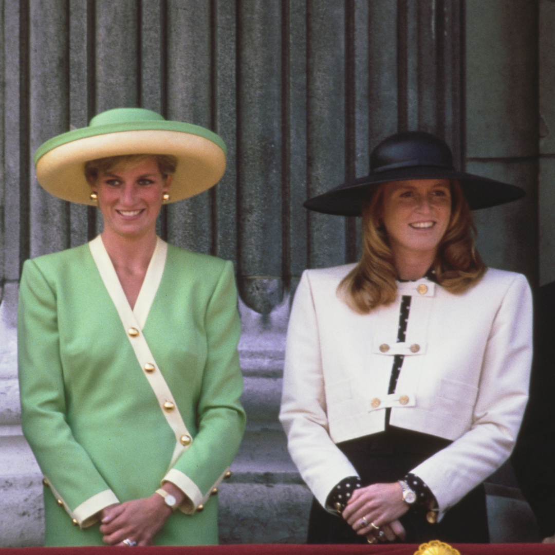 Princess Diana wears a green outfit while Sarah Ferguson wears a black dress with a white jacket and white hat at Trooping the Colour 1990