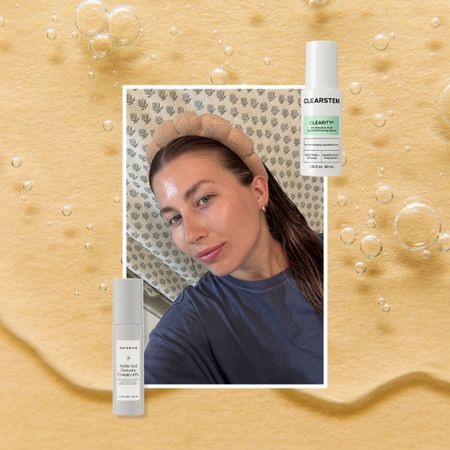 collage featuring a person with glowing skin in the center, flanked by Naturium Azelaic Acid on left and CLEARSTEM CLARITY on the right against a golden, serum-inspired background
