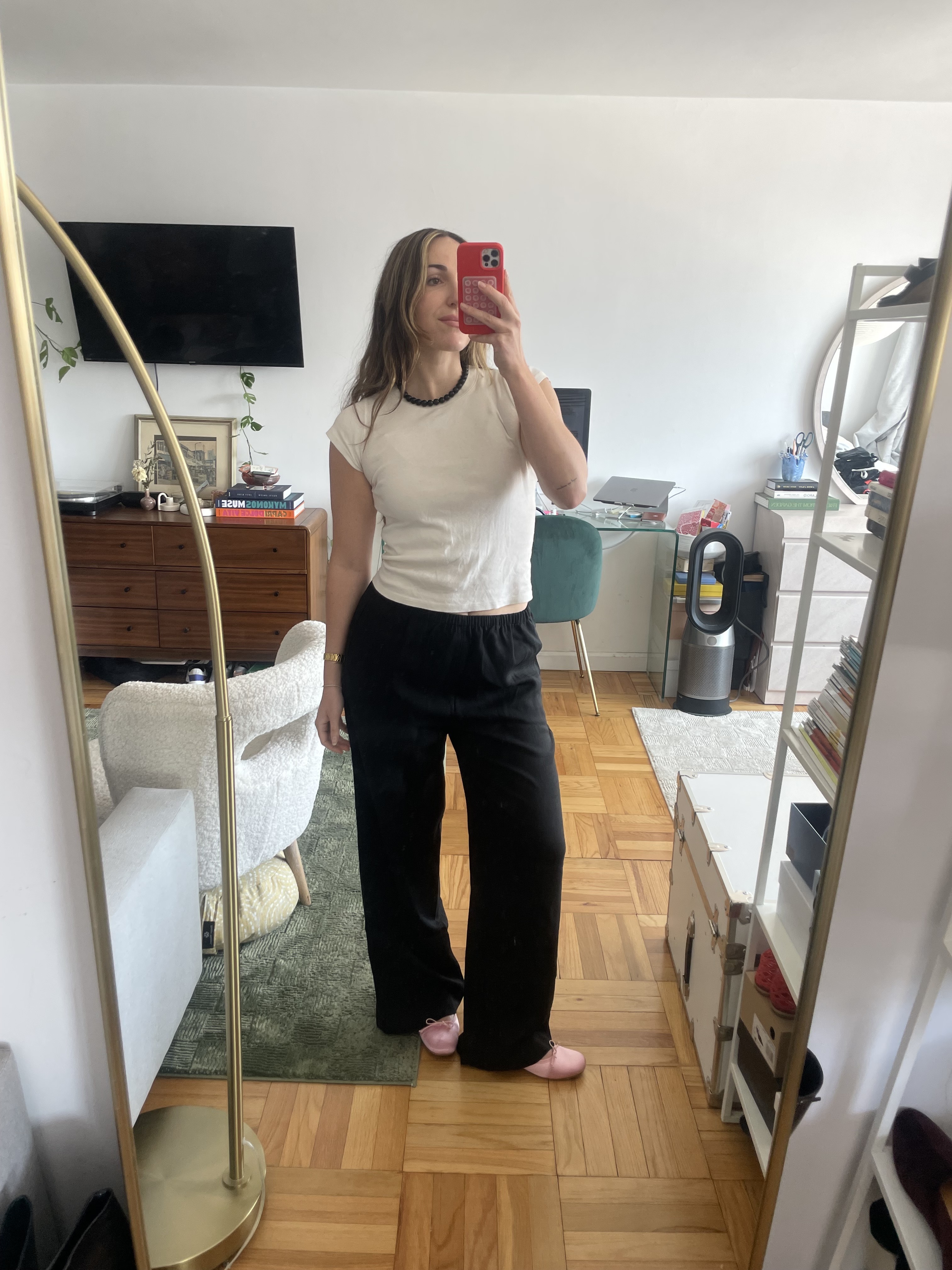 Anna LaPlaca wearing the best affordable alternatives to The Row Gala Pants