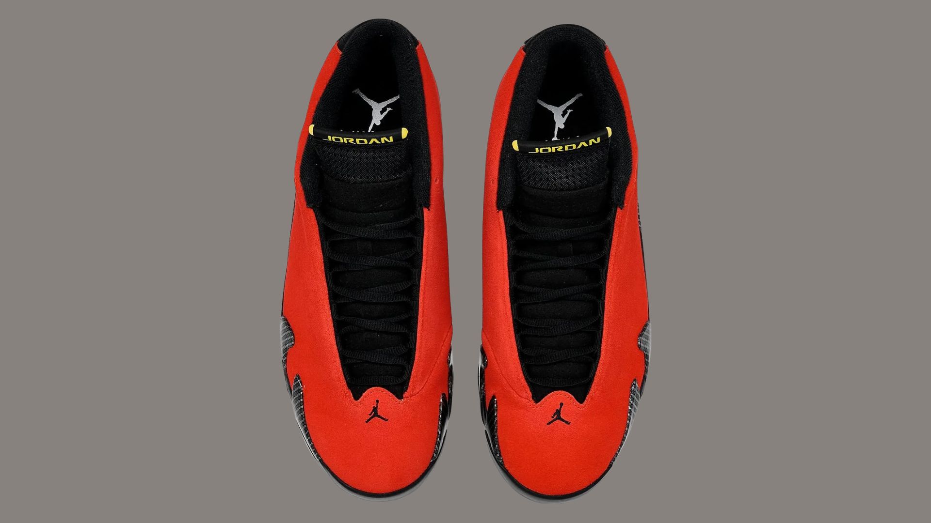 The 2025 edition of the Ferrari Air Jordan 14 from different angles, including a birdseye view and from behind