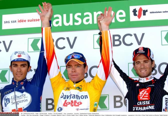 Cadel Evans on the top step of the 2006 Tour de Romandie podium