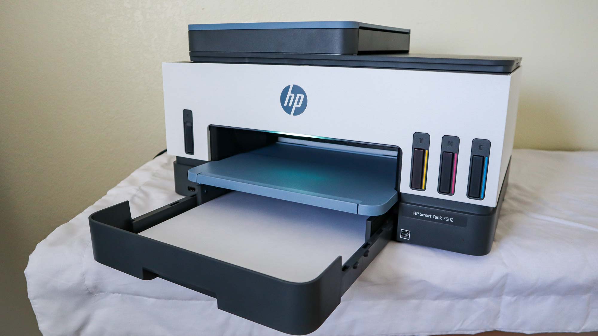 HP Smart Tank 7602 review unit on table