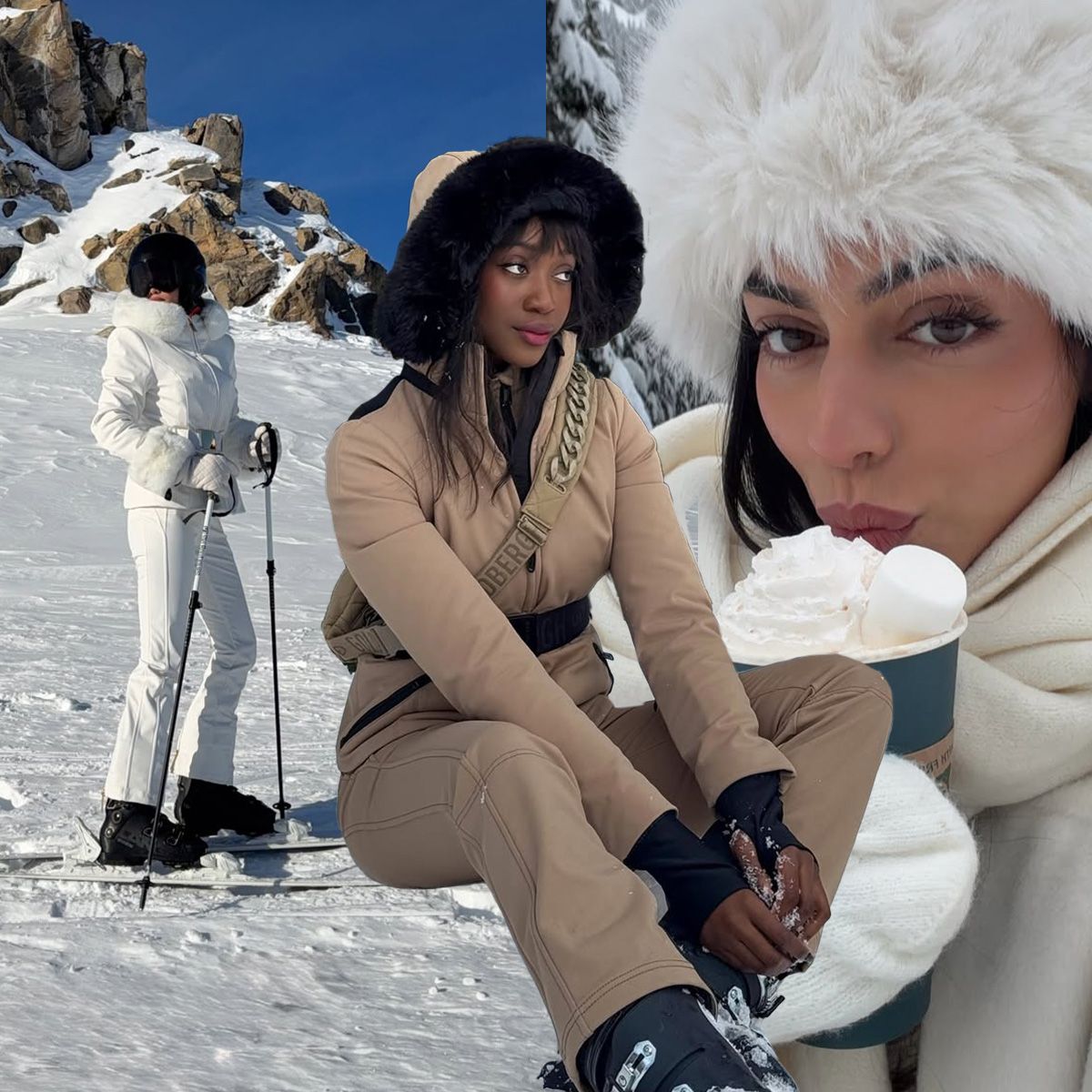 Kelsey Merritt, Emmanuelle Koffi, and Mobina Peiman doing ski-related activites