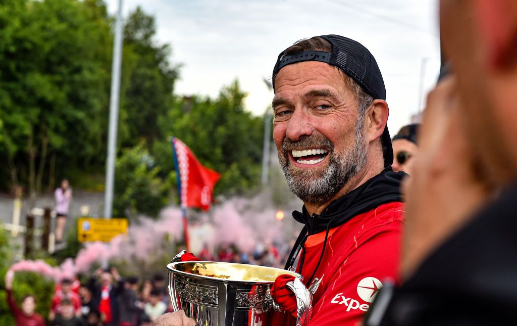 Liverpool manager Jurgen Klopp during the Liverpool trophy parade on May 29, 2022 in Liverpool, England.