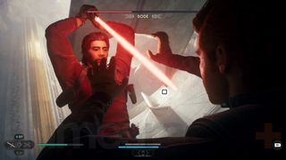 Star Wars Jedi Survivor Tanalorr Bode attempting to stab Cal with his Lightsaber but Cal resists using the Force in a quick time event