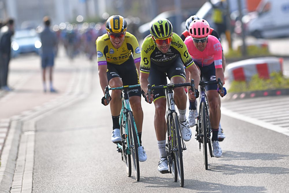 Jasper Stuyven, Sebastian Langeveld, Jack Bauer and Amund Grondahl Jansen get a gap near the end of Gent-Wevelgem