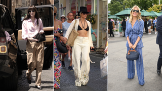 Dakota Johnson, Jennifer Lopez, and Sienna Miller styling linen pant outfits