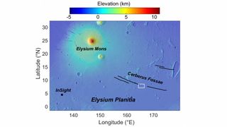 This map of Mars shows Elysium Planitia, the region of recent explosive volcanism (white box) and the locations of NASA's InSight lander and Elysium Mons.