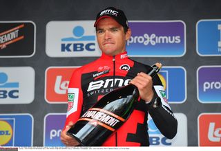 Greg Van Avermaet (BMC Racing) on the podium after winning Omloop Het Nieuwsblad