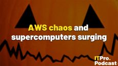The text "AWS chaos and supercomputers surging" against a Photoshop of a jack-o'-lantern with a jagged mouth representing cloud outages. The words "AWS chaos" are in yellow, the rest are in white. In the bottom-right corner, the ITPro Podcast logo is shown.