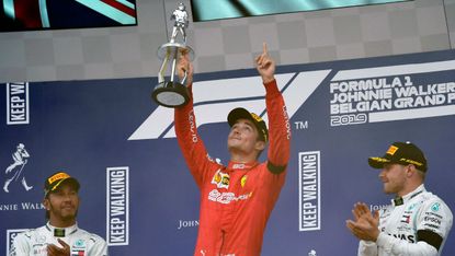 Ferrari’s Charles Leclerc points to the sky in tribute to late French driver Anthoine Hubert 