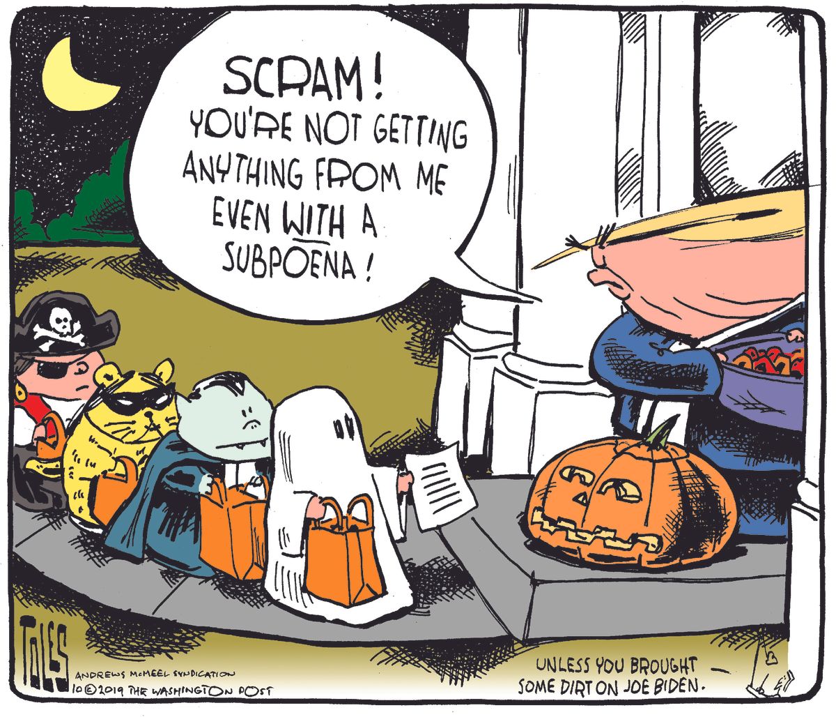 Political cartoon Trump impeachment subpoena trick or treat | The Week