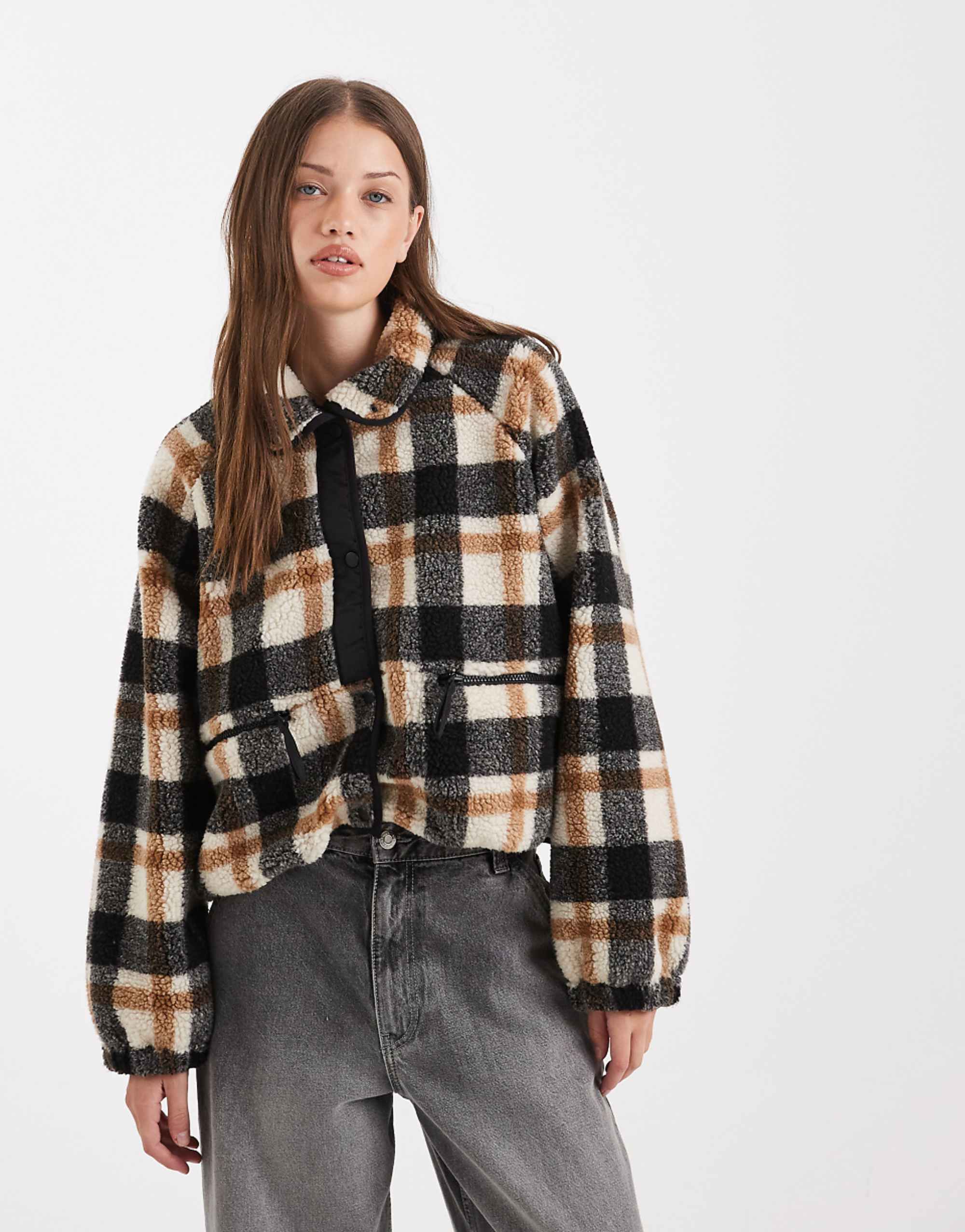 Only Collar Details Teddy Jacket in Beige Plaid